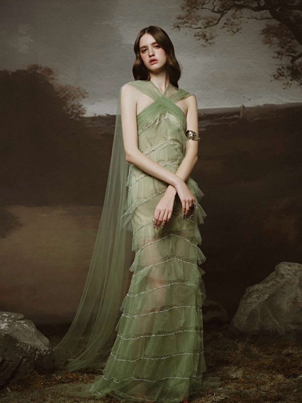Ethereal Tiered Tulle Evening Dress in Sage Green